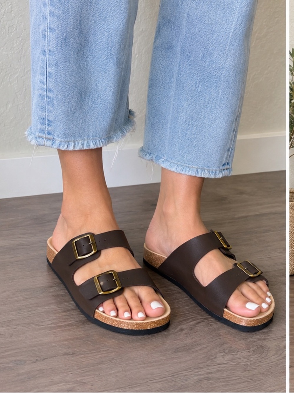 Brown Double Buckle Cork Footbed Slide Sandals Size 39